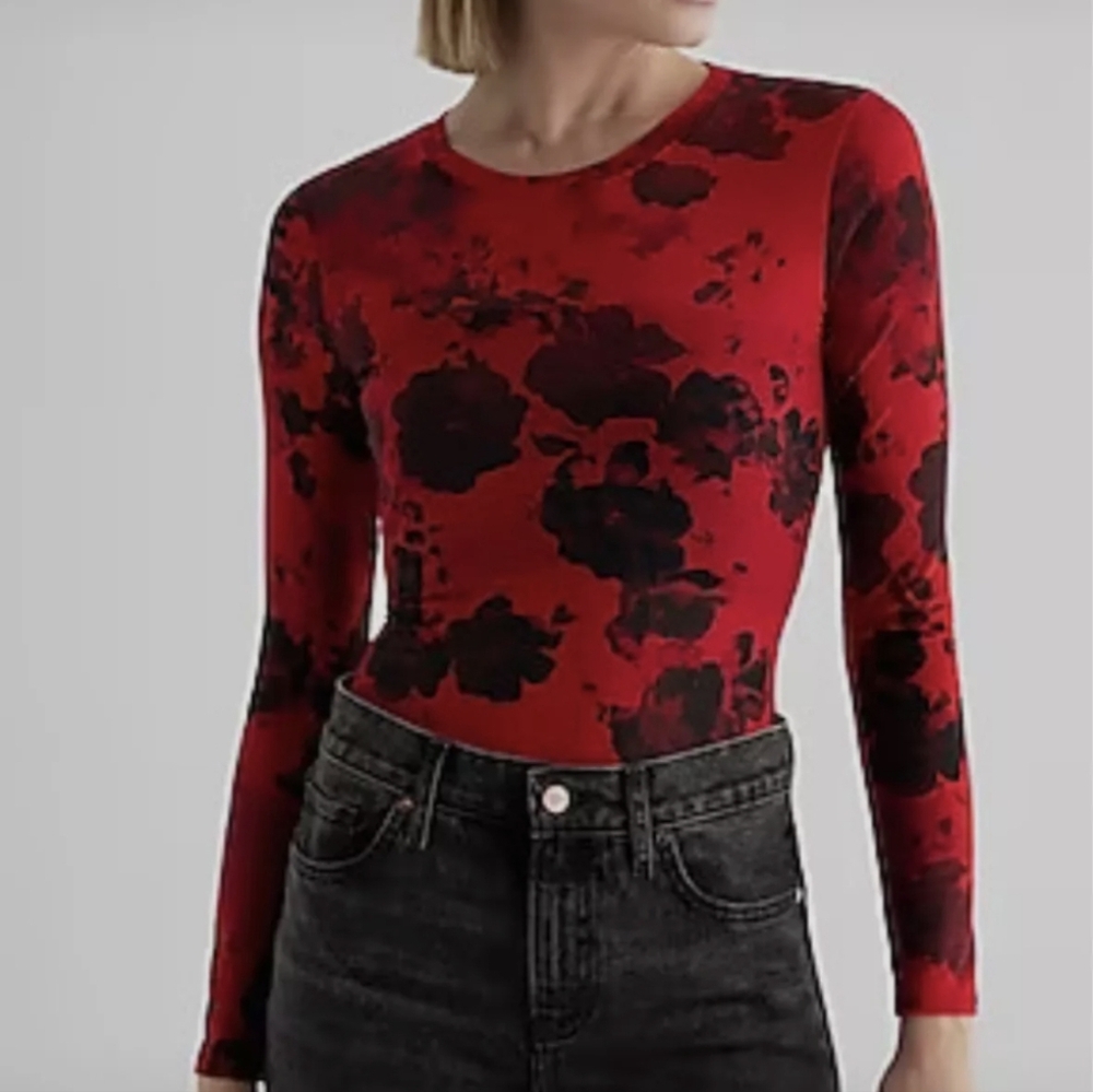 Express Red and Black Floral Bodysuit
